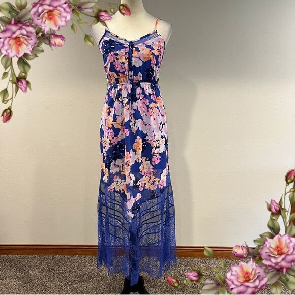 Candie's Blue and Pink Floral Maxi Dress with lace details - Picture 1 of 14